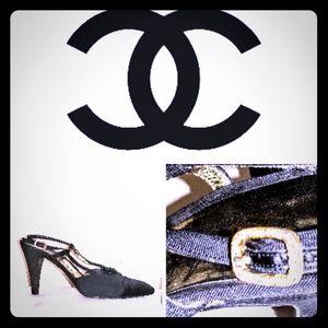 Vintage Chanel classic sling back pumps w crystal buckles
